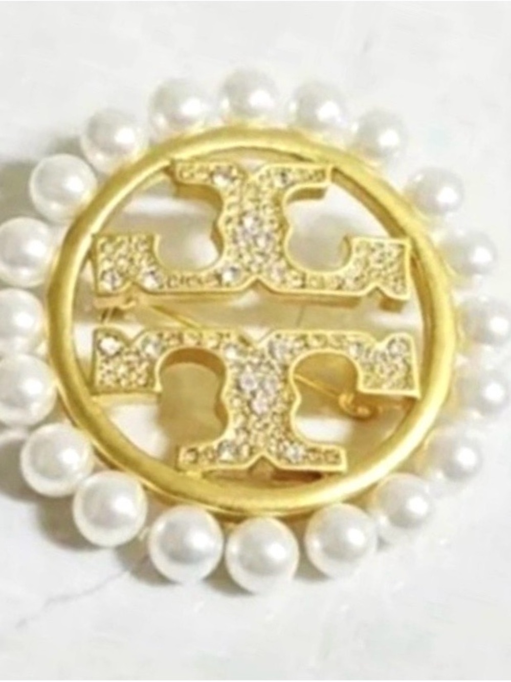 NWT Tory Burch Miller Pavé Pearl Double T Logo Brooch Pin Gold
